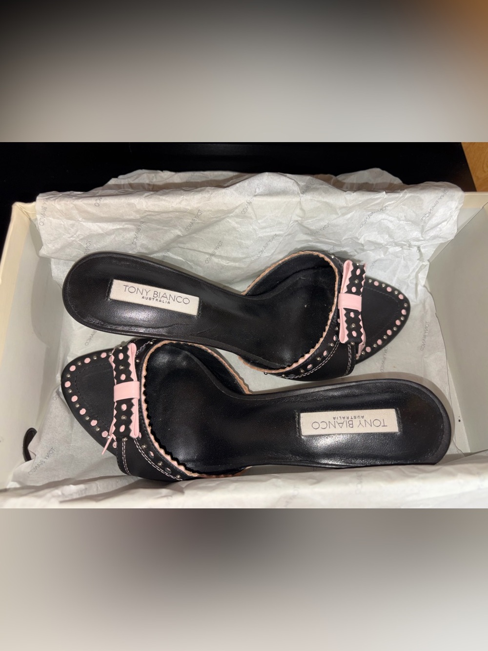Tony Bianco Black and Pink Scalloped Bow Mules